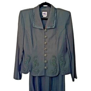 R&M Richards‎ Karen Kwong Skirt Suit Set Teal Green Embellished Vintage Size 10P